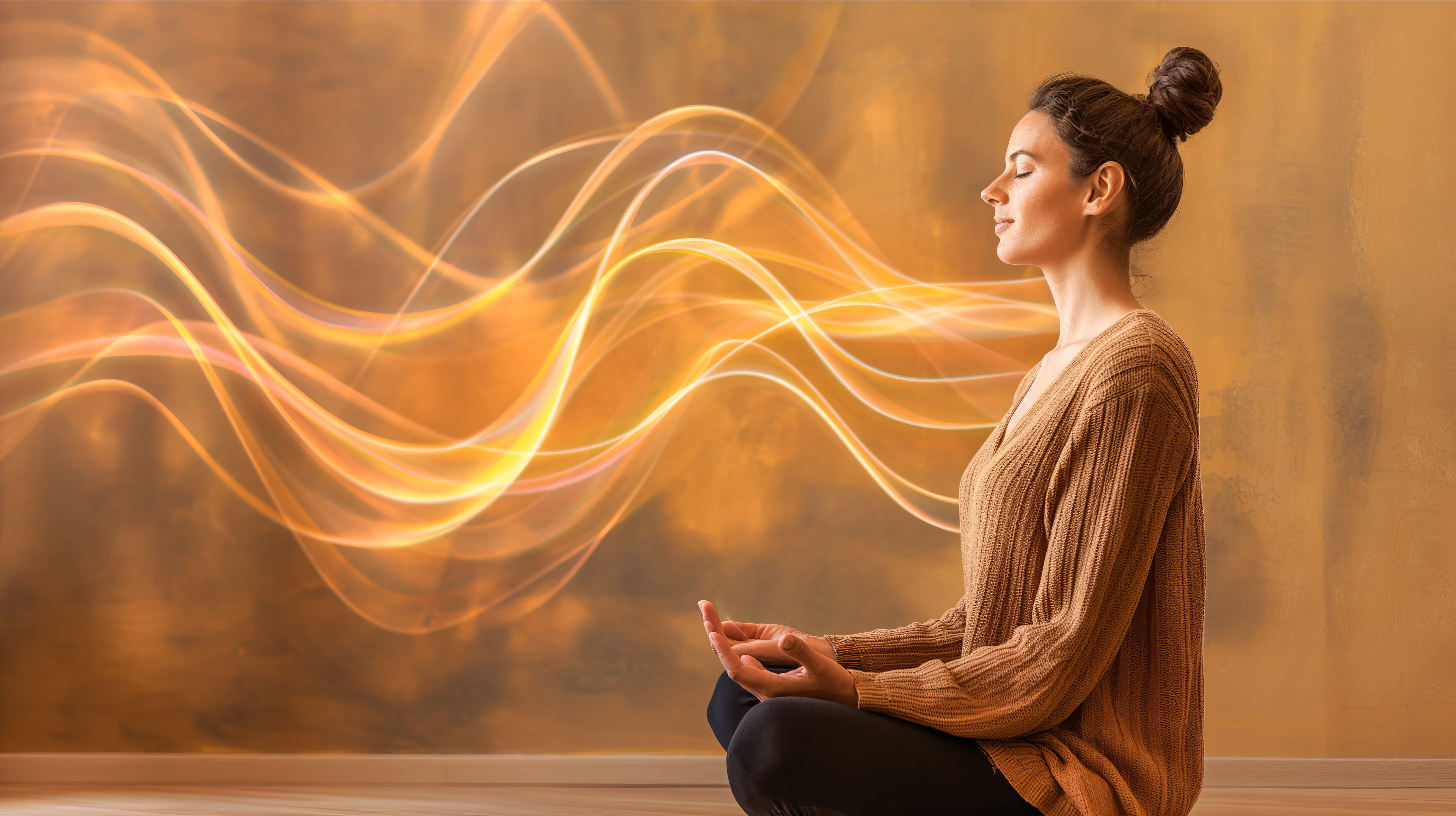 Why Pulsor - Woman at peace with balanced golden energy waves